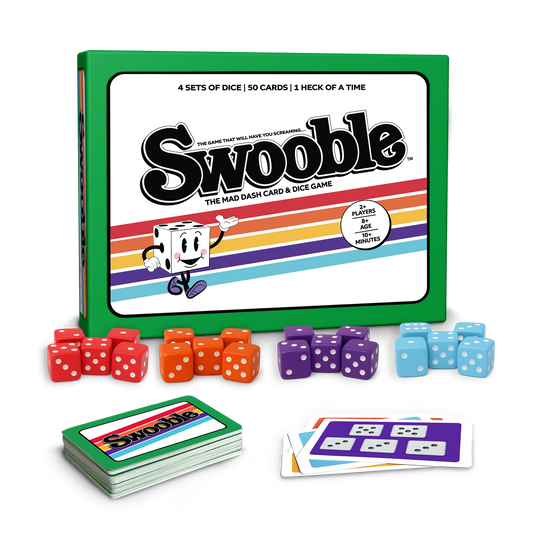 Swooble dice and card game set with colorful dice and cards on a white background