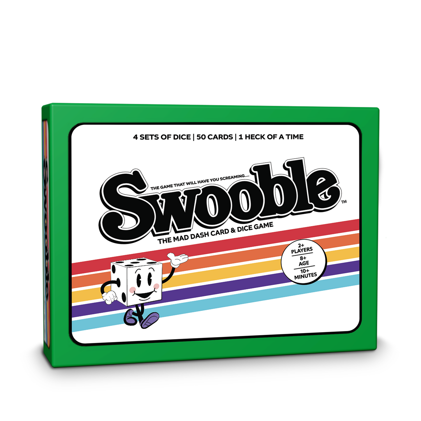 Swooble card and dice game box with colorful design and Mr. Swooble cartoon character on a white background