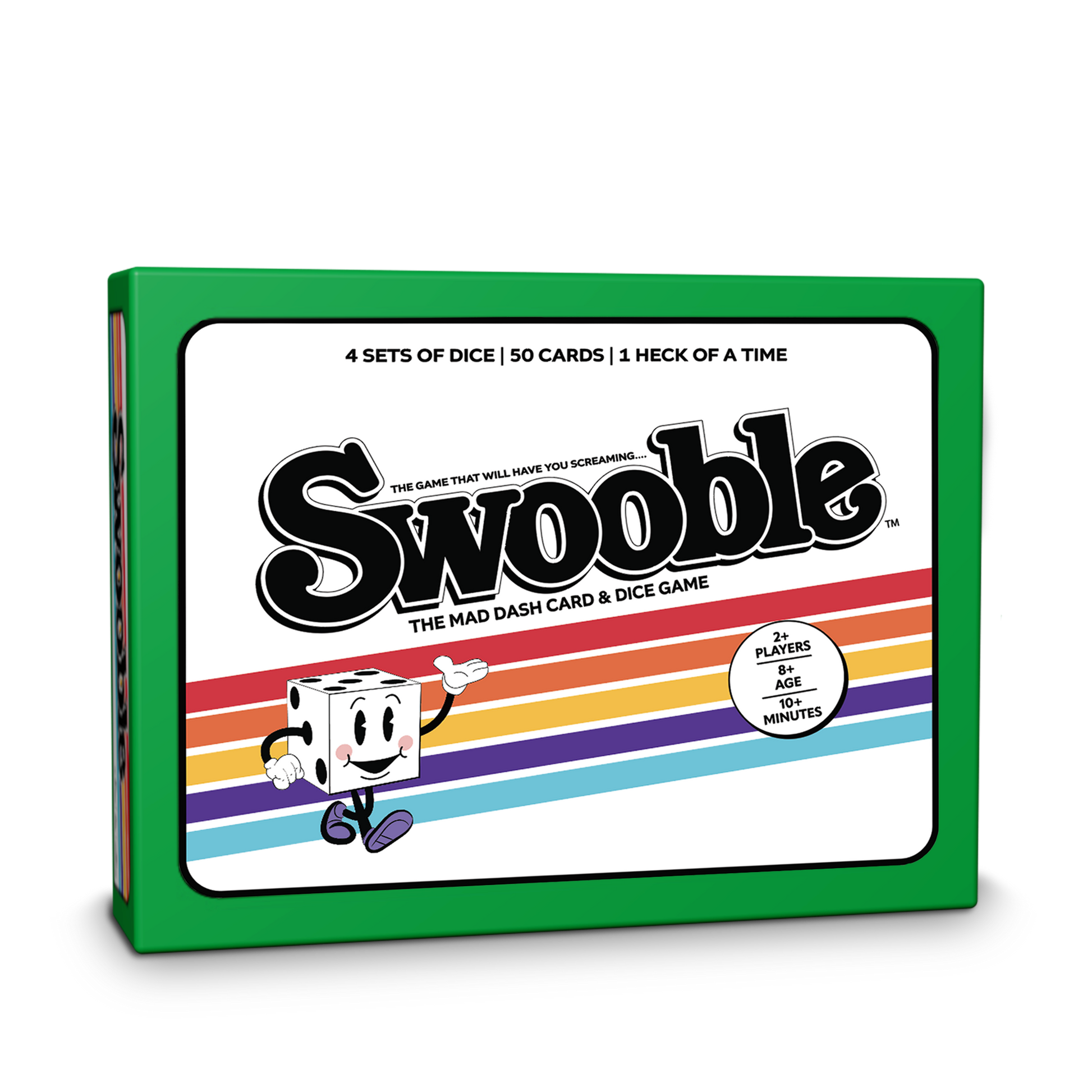 Swooble card and dice game box with colorful design and Mr. Swooble cartoon character on a white background