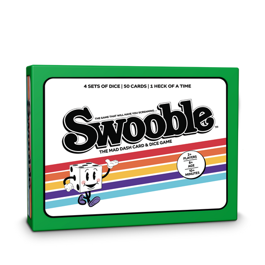 Swooble card and dice game box with colorful design and Mr. Swooble cartoon character on a white background