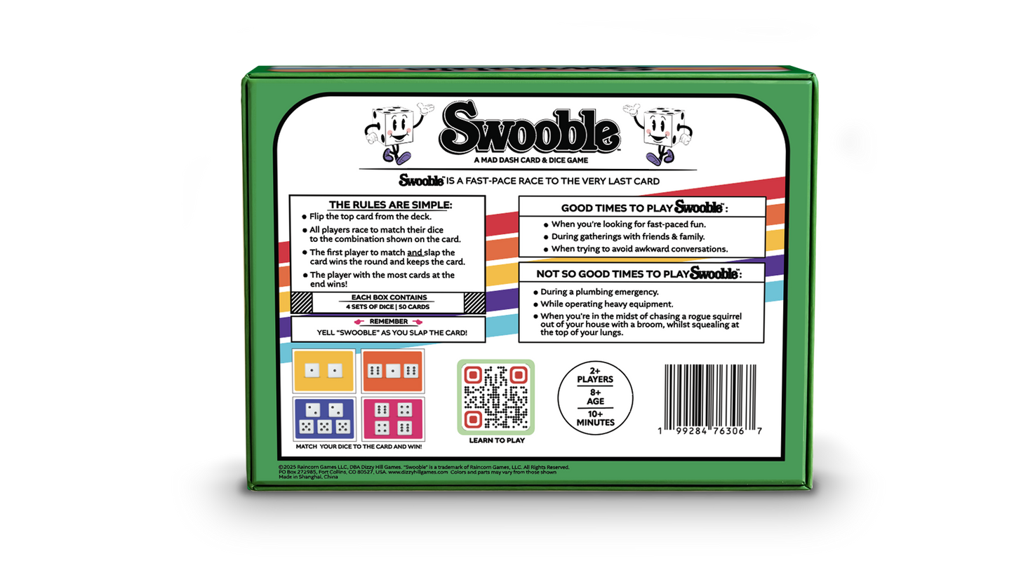 Swooble board game box with with game play rules, box contents