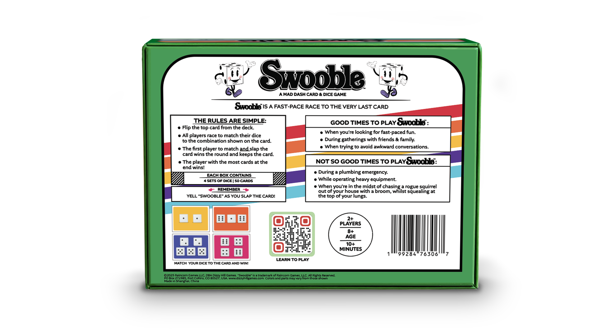 Swooble board game box with with game play rules, box contents